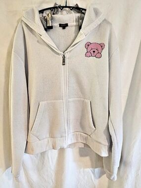Angel Cult Still Missing New York Zip-Up Hoodie White & Pink Large